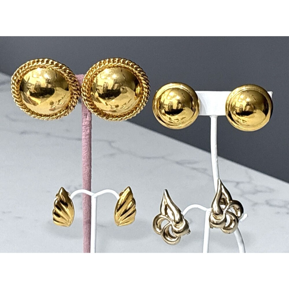 Vintage Monet Clip On Earrings Lot Gold Tone Chunky Dome Rope Classic Geometric